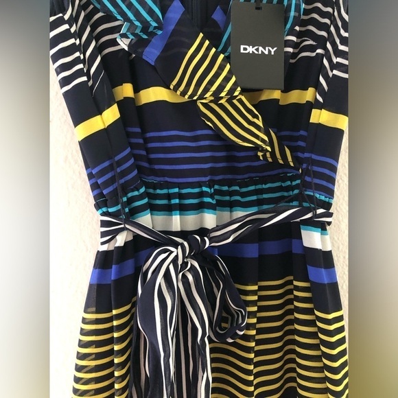 DKNY Womens Navy Ruffled Zippered Belted Lined Striped Sleeveless Surplice Dress - Picture 10 of 11